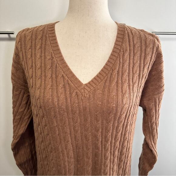Chloe Kristyn Size Small Tan Tequila V Neck Cable Sweater Cozy Cabin Chic NWT - Picture 5 of 15
